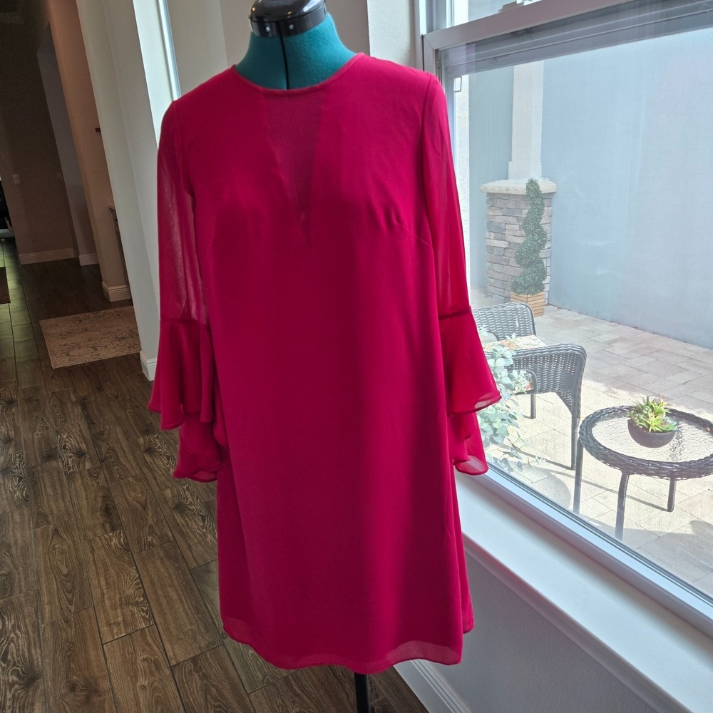 Vince Camuto Womens Sheath Dress Size 4 Chiffon Lined Hot Pink Flutter Sleeves